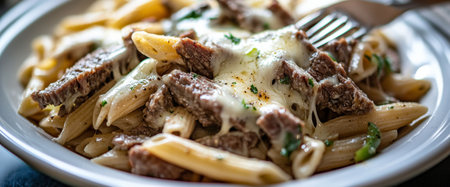 Tender slices of beef sit atop a generously serving of penne pasta, generously covered with melted cheese, ready to be enjoyed at a warm family dinner.の素材