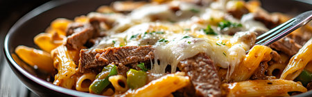 A delicious serving of baked pasta features al dente penne topped with succulent beef slices and gooey melted cheese, garnished with fresh herbs.の素材