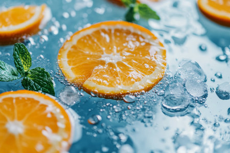 Slices of orange float among ice cubes, complemented by fresh mint leaves in a clear and vibrant beverage. The scene is colorful and invigorating.の素材