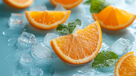 Bright, fresh orange slices are artistically arranged with mint leaves on ice, set against a light blue background, creating a refreshing summer vibe.の素材