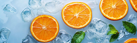 Bright orange slices rest on a bed of ice, surrounded by fresh mint leaves, perfect for enhancing summer beverages or salads with a vibrant touch.の素材