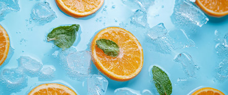Freshly cut orange slices are scattered over ice cubes, enhanced by vibrant green mint leaves against a bright blue background, evoking a refreshing summer vibe.の素材