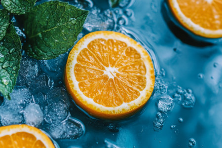 Slices of fresh oranges are arranged on ice, surrounded by vibrant mint leaves, creating a refreshing atmosphere perfect for summer gatherings.の素材