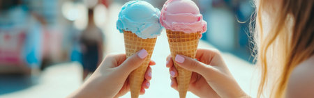 Two hands hold ice cream cones topped with pink and blue scoops, capturing the bliss of a sunny day at an outdoor festival filled with laughter and joy.の素材