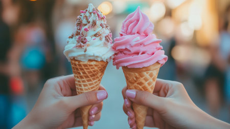 Two hands hold ice cream cones, one topped with sprinkles and the other with soft pink swirls, set against a bustling background filled with warm sunlight.の素材