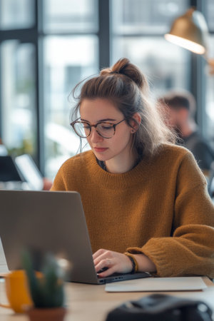 A young woman in a cozy sweater types intently on her laptop in a contemporary workspace, surrounded by natural light and casual office decor, engaged in her work.の素材