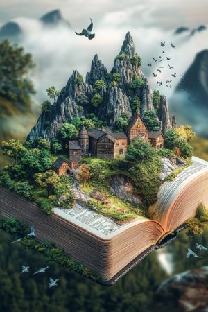 An enchanting scene unfolds as an open book reveals a vibrant world with mountains and quaint houses, surrounded by lush greenery and soaring birds in the sky.の素材
