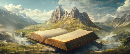 An open book lies at the center of a lush valley, framed by towering mountains under a partly cloudy sky, inspiring creativity and adventure in nature.の素材