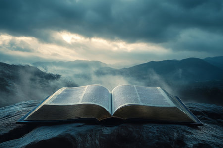 An open book lies on a rocky outcrop, surrounded by mist and fading light. The dramatic landscape features rolling mountains and brooding clouds at twilight, creating a serene atmosphere.の素材
