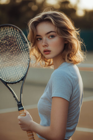A young woman stands on an outdoor tennis court, holding a racket with a focused expression. The sun sets behind her, casting warm light on the scene.の素材