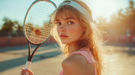 The young woman stands on a tennis court, holding a racket and gazing confidently into the distance, illuminated by the warm glow of the setting sun.の素材