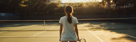A young girl stands on a tennis court holding a racket as the sun sets, casting golden hues over the empty courts and creating a peaceful ambiance.の素材