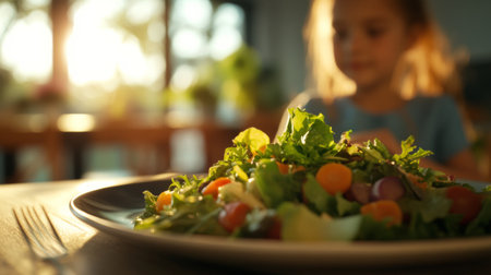The vibrant salad, filled with fresh greens and an array of colorful vegetables, sits in front of a young girl who is intently engaged in her meal. Sunlight enhances the cozy ambiance.の素材