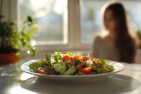 A vibrant salad featuring fresh greens, tomatoes, and cucumbers is placed on a table, with a woman softly blurred in the background, enjoying a serene afternoon.の素材