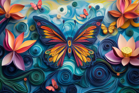 A beautifully crafted paper artwork features a large colorful butterfly surrounded by various flowers. The intricate design creates a sense of movement and tranquility.の素材