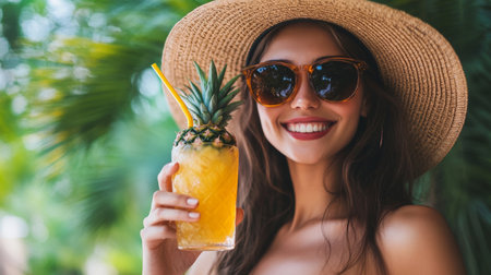 The woman holds a refreshing pineapple drink, radiating joy and relaxation amidst vibrant greenery under a beautiful sky. She embodies the essence of summer leisure.の素材