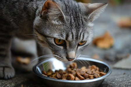 A gray striped cat is intently eating from a metal bowl filled with cat food, surrounded by autumn leaves on an outdoor surface. The cat's focused expression highlights its enjoyment.の素材