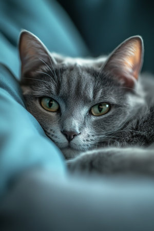The gray cat is nestled comfortably on a blue fabric, gazing calmly at the viewer with its striking green eyes, creating a serene and cozy atmosphere.の素材