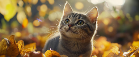 A playful kitten with striking green eyes examines its surroundings filled with vibrant autumn leaves, enjoying the warm afternoon light filtering through trees.の素材