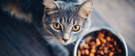 The gray cat sits attentively beside its bowl, filled with dry food, showing bright yellow eyes that reflect curiosity and anticipation in a cozy indoor setting.の素材
