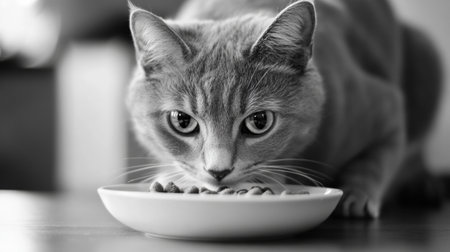 A gray tabby cat is focused on its food, eating from a white bowl filled with kibble on a wooden floor in a warm, inviting indoor space.の素材