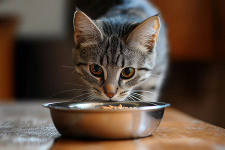 A gray tabby cat leans forward, sniffing the contents of a food bowl placed on a wooden table in a warm and inviting home environment.の素材