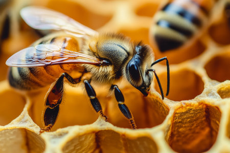 A honeybee is diligently working on honeycomb within a beehive, highlighting its intricate body structure and essential function in the ecosystem during daylight hours.の素材