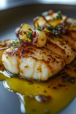 A succulent grilled fish fillet is garnished with crispy garlic and fresh herbs, sitting in a pool of vibrant olive oil, showing a gourmet culinary delight.の素材