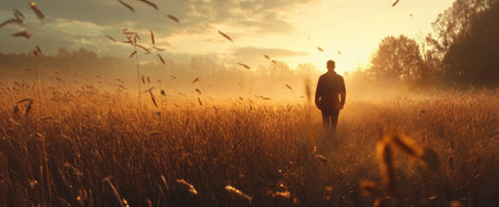 A solitary figure strolls through a vast wheat field as the sun sets, casting a warm golden glow over the landscape and creating a serene atmosphere.の素材