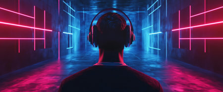 A person with headphones stands in a colorful neon corridor, fully immersed in music. The bright pink and blue lights create a futuristic atmosphere.の素材