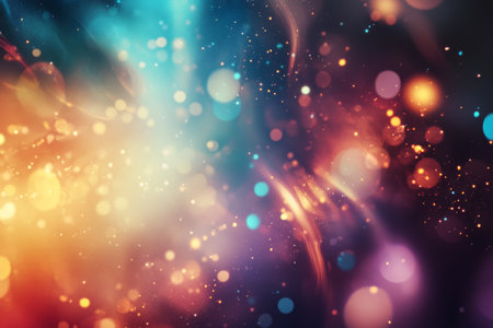 Bright and colorful light patterns swirl together, creating an abstract display of vibrant hues and soft glowing spots, evoking a sense of energy and movement.の素材