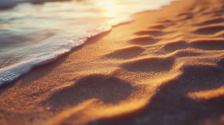Soft waves lap against a golden sandy beach as the sun sets, creating a serene atmosphere perfect for evening strolls and relaxation by the water.の素材
