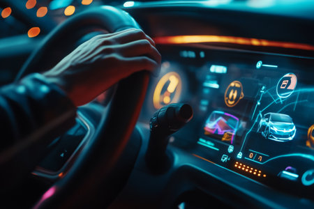 A driver holds the steering wheel while engaging with a high-tech dashboard featuring illuminated screens and detailed graphics, showcasing vehicle data and navigation at night.の素材