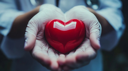In a medical environment, a healthcare professional displays a red heart symbol in their gloved hands, signifying dedication and compassion for patient care and well-being.の素材