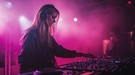 A skilled DJ mixes tracks passionately in a bustling nightclub surrounded by swirling lights and an enthusiastic crowd. The energy is palpable as the music pumps through the venue.の素材