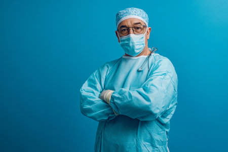 A healthcare professional stands with arms crossed, wearing a surgical mask and scrubs. The backdrop is a calming blue, symbolizing a clinical and professional environment in healthcare.の素材