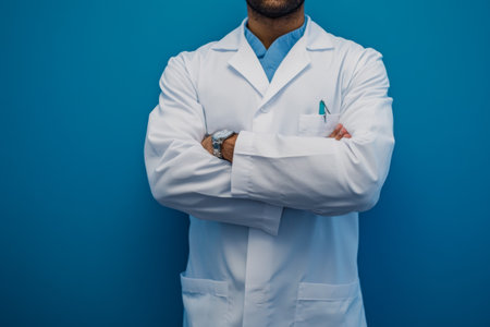 A medical professional is standing confidently with crossed arms against a blue wall. The doctor is wearing a white coat, conveying a sense of professionalism and expertise.の素材