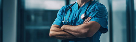 A healthcare worker wearing blue scrubs stands with arms crossed, exuding confidence in a well-lit hospital environment during daytime hours.の素材