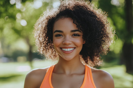 A cheerful young woman with curly hair stands confidently in a sunny park. She wears an orange athletic top and beams with happiness, surrounded by green trees and natural light.の素材