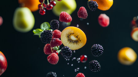 A variety of fresh fruits including berries and sliced kiwi are caught mid-air, surrounded by sparkling water droplets, creating a lively and refreshing atmosphere.の素材