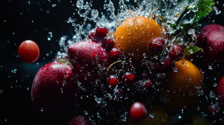A variety of fresh fruits including apples, cherries, and oranges are splashing in clear water, creating an energetic scene filled with droplets and colors, perfect for a summer day.の素材