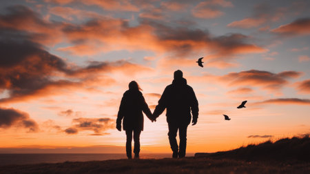The couple enjoys a romantic moment as they walk hand in hand along the shoreline during a beautiful sunset. Birds soar through the colorful sky, enhancing the serene atmosphere.の素材