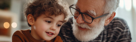 A grandfather and his smiling grandson sit close together at home, sharing a heartwarming conversation filled with laughter and curiosity, surrounded by a cozy atmosphere.の素材
