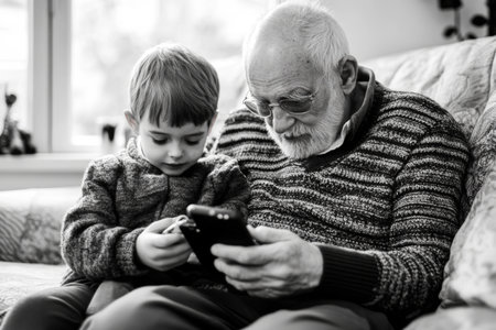 A young boy sits closely next to his grandfather, both focused on a smartphone. They share a special moment, highlighting their connection and curiosity while relaxing indoors.の素材