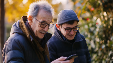 Two men, an older individual with glasses and a younger man, share laughter and look at a smartphone in a park filled with autumn foliage.の素材
