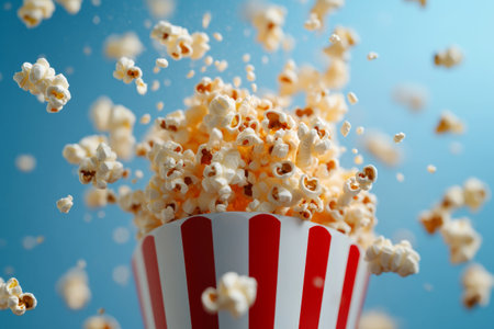 A striped container filled with fluffy popcorn spills its contents into the air, creating a fun atmosphere perfect for movie nights and snack enjoyment.の素材