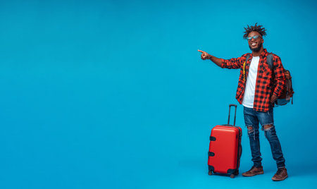 A young man smiles and gestures excitedly while standing beside a bright red suitcase. He wears a checkered shirt and jeans, showcasing a joyful travel spirit.の素材