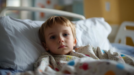 A young boy rests in a hospital bed, looking contemplative while wearing a colorful pajama gown. The light in the room creates a soothing environment for recovery.の素材