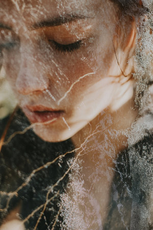 Soft light highlights the delicate features of a young woman, whose contemplative expression is enhanced by a textured overlay, creating an ethereal effect in a serene environment.の素材