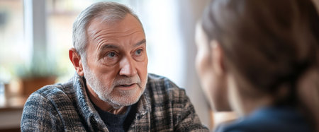 An elderly man listens attentively while conversing with a younger woman in a warm, inviting space filled with natural light. They share a deep, personal discussion.の素材